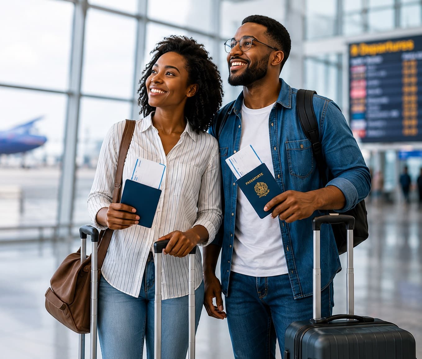 Casal sorridente com passaportes em mãos no aeroporto