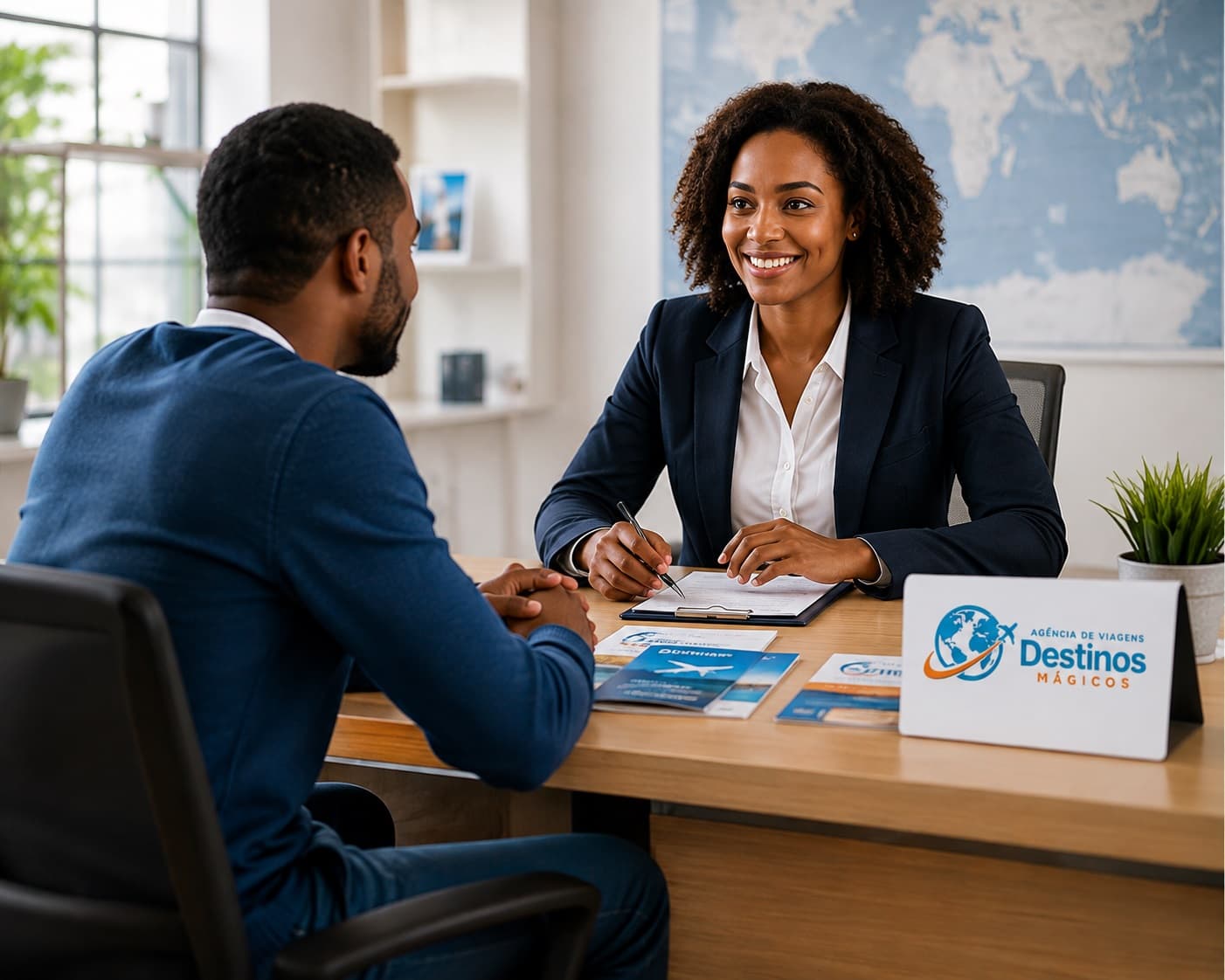 Consultora a atender cliente no escritório da Destinos Mágicos