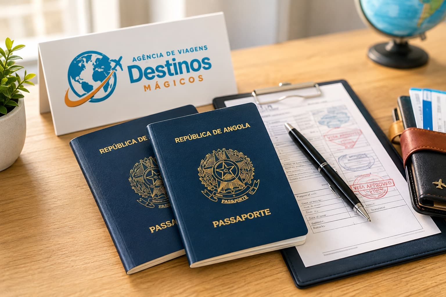 Passaporte e documentos de viagem organizados sobre a mesa